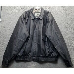 Burk's Bay Genuine Leather Bomber Jacket Mens XXL Black Collar Snap Full Zip USA